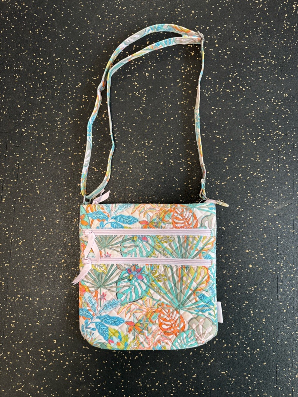 Vera Bradley Tropical Leaf Quilted Crossbody in Teal, Orange, Pink